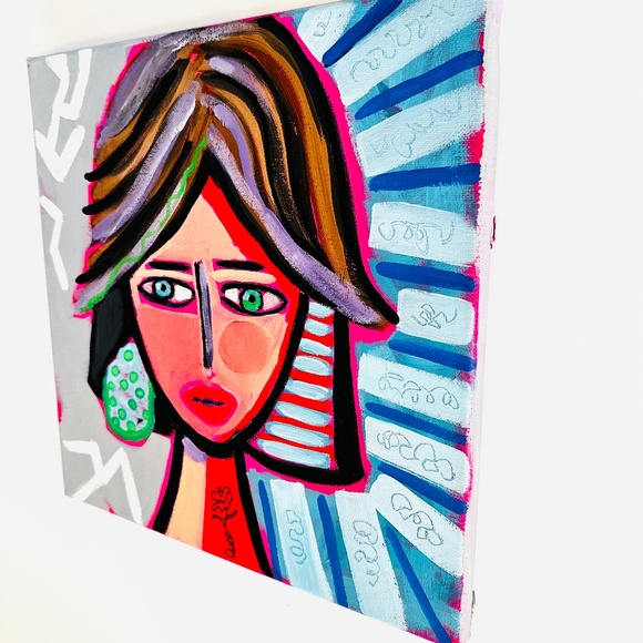 Abstract Lady Face Painting with Rose Tattoo, 12x12 Original Canvas Art OOAK - Picture 8 of 10